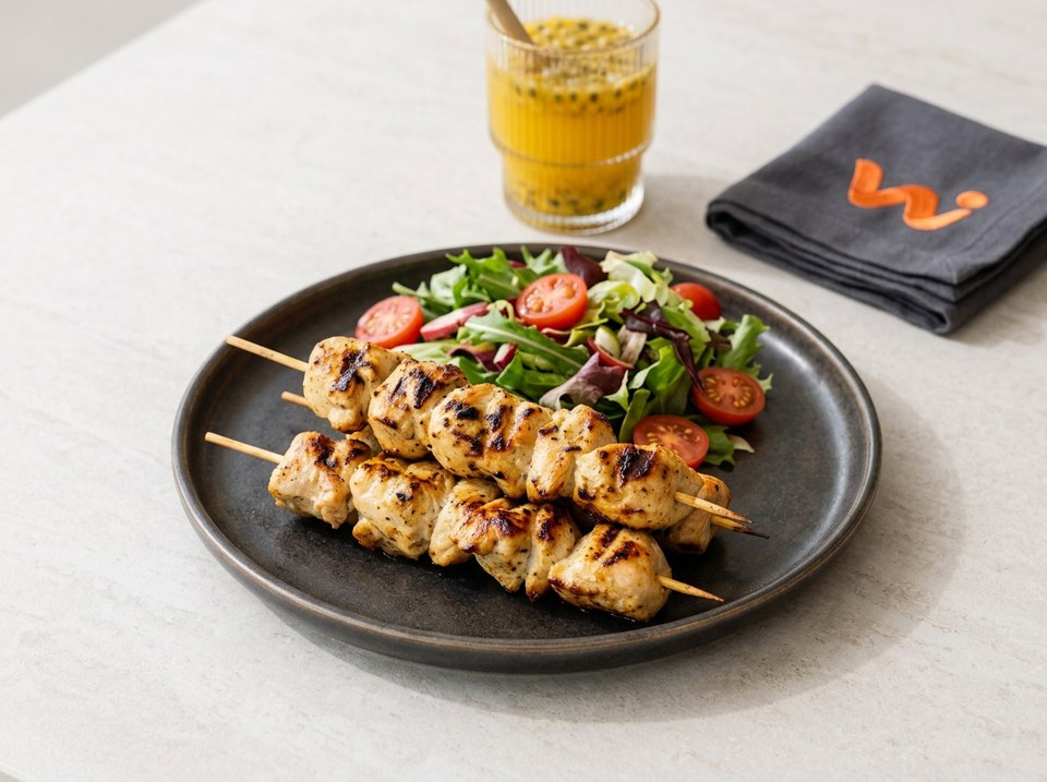 Chicken brochettes with salad and passion juice